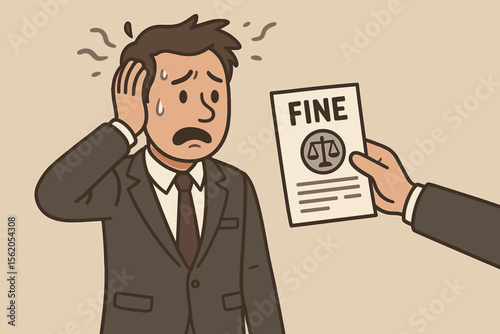 Stressed businessman in suit receiving legal fine notice, concept of corporate misconduct, business penalty, law violation, compliance failure, financial punishment, vector cartoon illustration