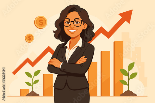 Confident Female Business Leader in Suit with Arms Crossed, Financial Growth Chart, Rising Profits, Investment Success, Entrepreneur, Economic Expansion, Money Coins, Bar Graph, Green Plants