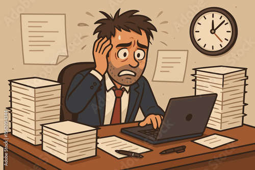 Overwhelmed office worker under pressure, stressed businessman at desk with paperwork, laptop, clock, tight deadlines, anxiety, burnout, corporate overload, time management crisis, cartoon vector