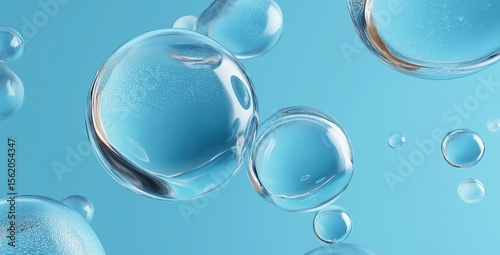 3D rendering of abstract floating water bubbles with glass spheres on blue background, representing cosmetic product design and skincare concept