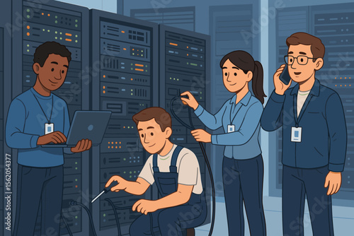 IT Support Team Working in Data Center, Server Maintenance, Network Engineers with Laptop and Cables, Technical Staff Collaboration, Data Security, Technology Infrastructure, Vector Illustration