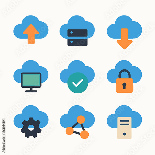 Cloud computing services and network technologies represented with cloud icons