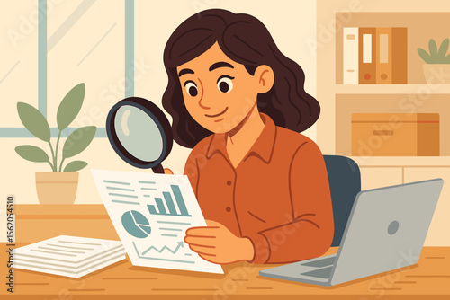 Businesswoman Analyzing Financial Reports with Magnifying Glass at Desk, Data Analysis, Office Workspace, Laptop, Paperwork, Plant, Modern Corporate Environment, Vector Illustration