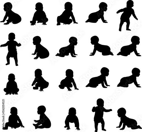 Adorable Baby Silhouettes Crawling, Sitting, and Standing Poses - Developmental Milestones Collection