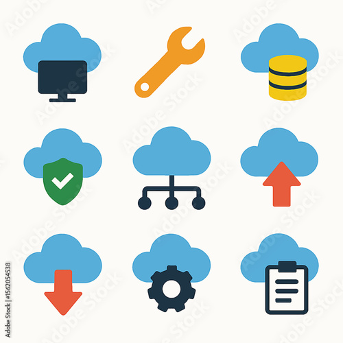 Cloud computing services icons set with monitor, wrench, database, shield and connection