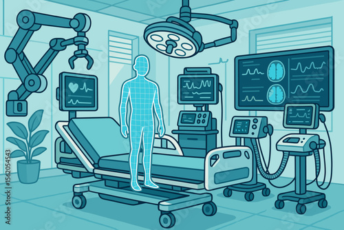 Futuristic hospital room with advanced medical technology, robotic surgery arm, digital patient monitoring, artificial intelligence healthcare, modern intensive care, innovation in medicine