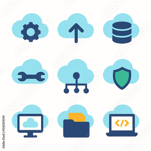 Cloud computing services illustrated with setting gear, upload, database and more symbols