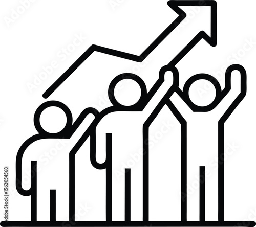 Three stylized figures raising arms with an upward trending arrow symbolizing growth and success