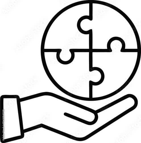 Business Teamwork outline Icon. Hand holding a circular puzzle globe representing connection and problem solving