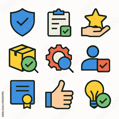 Collection of assurance icons featuring shield, checklist, star, box, gear, user, certificate, thumb up, and light bulb