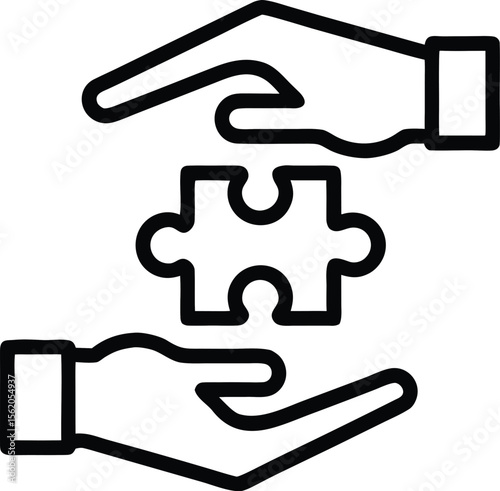 Solution outline icon. Two hands holding a puzzle piece in a symbol of care and problem solving
