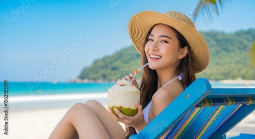 Summer Vacation. Beautiful young asian woman relaxing and happy on beach chair with cocktail coconut juice in holiday summer, blue sky background. Travel and lifestyle Concept.