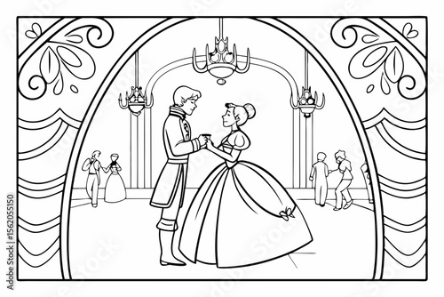 coloring page, a grand royal ballroom scene, a prince and a princess dancing in the center, other royal couples in the background, chandeliers and ornate decorations, detailed black and white line ar