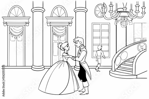 coloring page, a grand royal ballroom scene, a prince and a princess dancing in the center, other royal couples in the background, chandeliers and ornate decorations, detailed black and white line ar