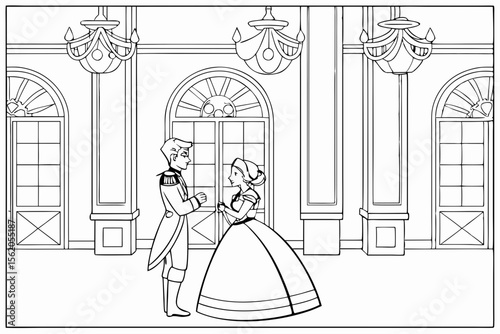 coloring page, a grand royal ballroom scene, a prince and a princess dancing in the center, other royal couples in the background, chandeliers and ornate decorations, detailed black and white line ar