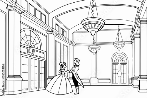 coloring page, a grand royal ballroom scene, a prince and a princess dancing in the center, other royal couples in the background, chandeliers and ornate decorations, detailed black and white line ar
