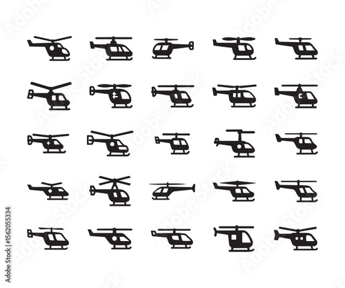 Helicopter & Rotorcraft Icons: Black Silhouette Set for Aviation & Air Transport