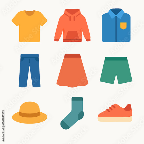 Collection of colorful clothing items including shirt, hoodie, pants and more apparel