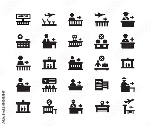 Airport & Travel Service Icons: Black Glyph Set for Aviation & Passenger Journeys
