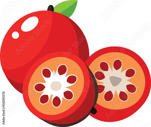 Vibrant illustration of a whole and halved red fruit with visible seeds and a green leaf