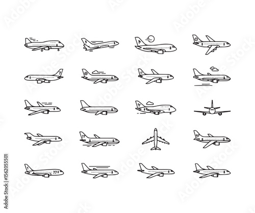 Passenger Airplane & Aviation Icons: Line Art Vector Set for Air Travel & Aircraft