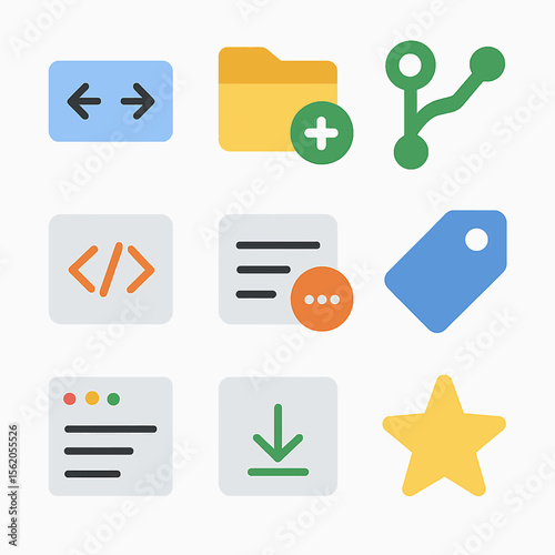 Collection of colorful vector icons representing various functions and symbols in flat design