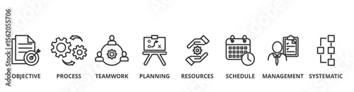 Workflow banner vector illustration concept with icon of objective, process, teamwork, planning, resources, schedule, management and systematic