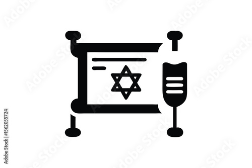 Modern Minimalist Icon: Torah Scroll and Pointer, Jewish Heritage Symbol, Religious Design Element, Black and White Vector Graphic.