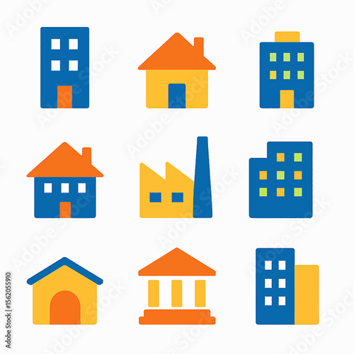 Collection of minimalist building icons representing diverse architectural forms