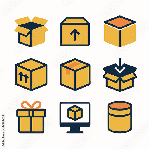 Collection of Shipping and Delivery Box Icons with Arrow and Gift Box Symbols