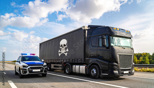 Black Cargo Truck with Skull Symbol Stopped by Police Car on Highway AI Generated