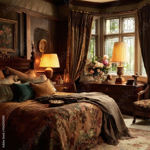 A luxurious and inviting bedroom featuring rich, dark wood furniture, soft lighting, and elegant floral accents, creating a cozy retreat.