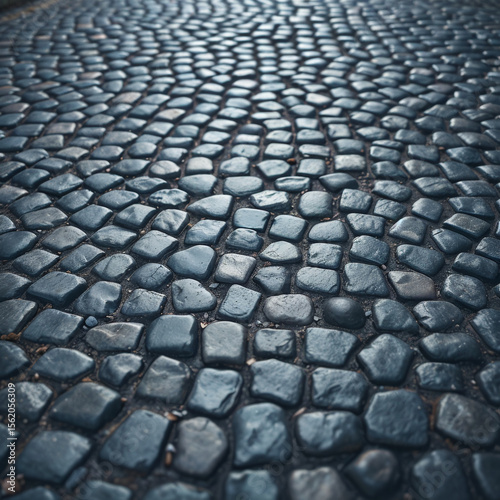 Cobblestone pavement with cool blue stones forming a winding pattern