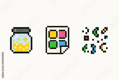Pixel art of twine roll, cardboard box, and red bowl on white background vector icon isolated illustration
