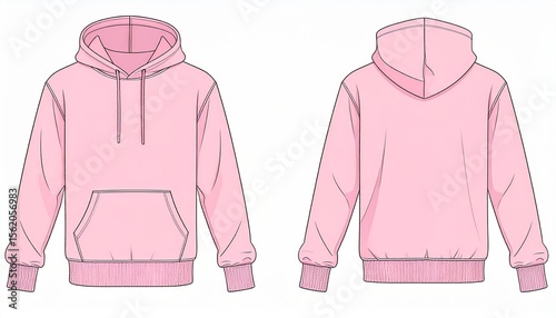 Pink Hoodie Mockup for Product Design - T-shirt Template for Logo Placement and Branding - Technical Outline for Hooded Vest for Apparel and Merchandise - Print File for Front and Back - Clothing