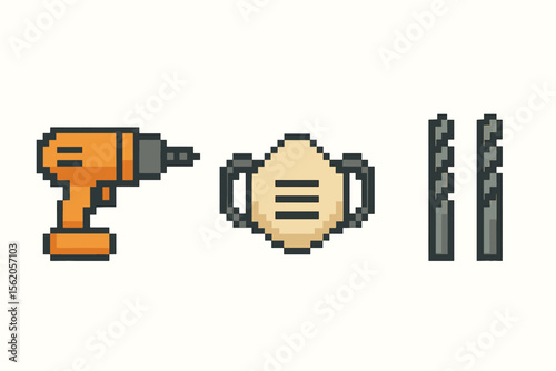 Pixel art tools: glue gun, craft knife, cutting mat vector icon isolated illustration