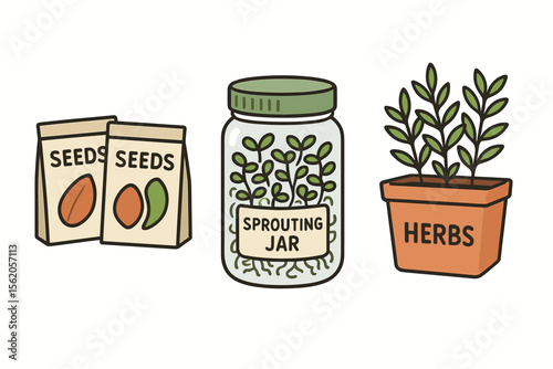 Illustrated scissors and homegrown plant in bowl vector icon isolated illustration