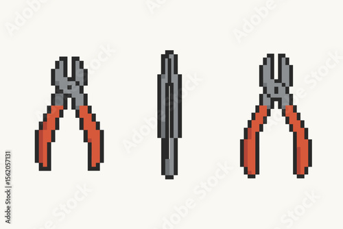 Pixel art tools: drill, mask, and bits for construction safety vector icon isolated illustration