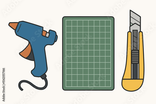 Tool set illustration: soldering iron, screwdrivers, storage box in yellow and gray vector icon isolated illustration