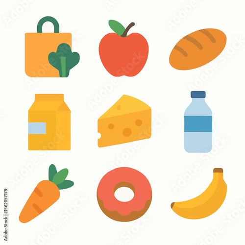 Colorful assortment of groceries and food items flat vector illustration