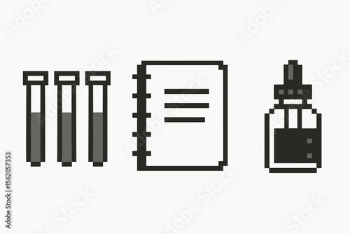 Pixel art baking soda, vinegar bottle, and baking tray vector icon isolated illustration