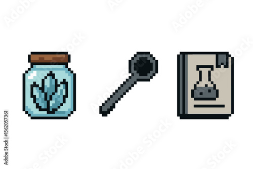 Retro pixel art balloons, jar, vinegar bottle on white background vector icon isolated illustration