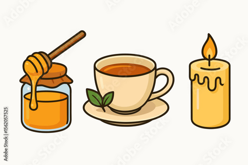 Cozy winter essentials with warm socks, hot water bottle, and blanket vector icon isolated illustration