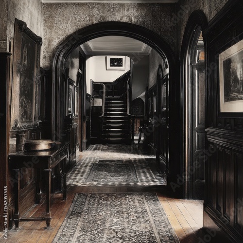 Ornate hallway with dark wood features, intricate carpets, arched doorways and a winding staircase in the distance.