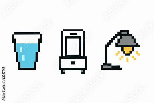 Pixel art objects: mug, trash can, refrigerator on white background vector icon isolated illustration