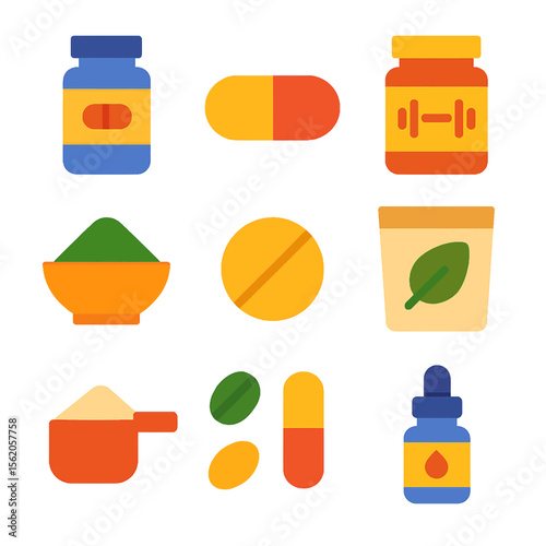 Colorful collection of vitamin supplements and dietary aids in flat vector style