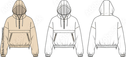 Trendy hooded pullover jacket flat sketch with front zipper, detailed pocket design, ribbed cuffs and waistband, technical fashion CAD drawing