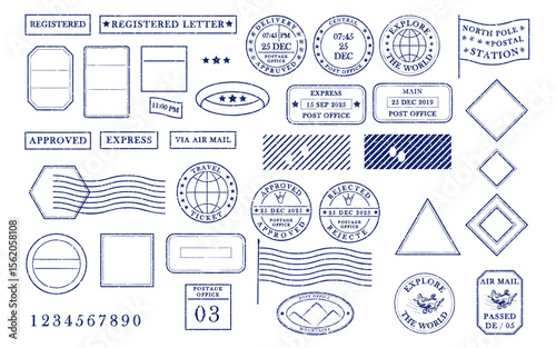 Blank blue postage rubber stamps. Mockup office stamp. Clean post postmark template. Vintage style sticker collection, travel destination mail, tourism, mountain, summer, sun theme Vector illustration