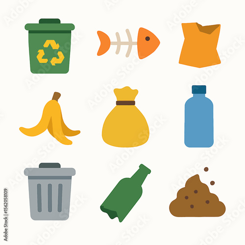 Colorful garbage collection icons illustrating waste types and recycling concept
