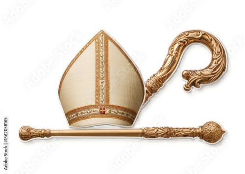 Ornate Ecclesiastical Regalia: Depiction of a Mitre and Crozier in a Detailed Perspective